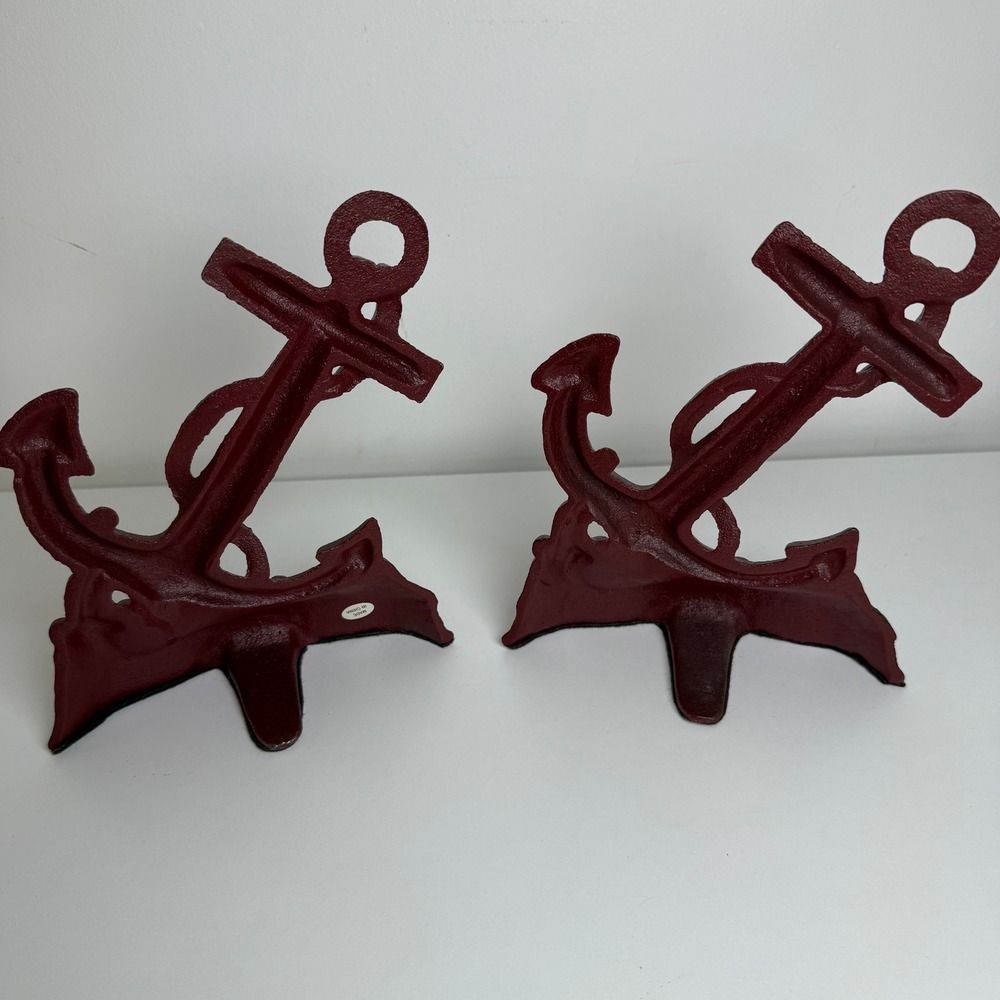 Anchor Bookends Nautical Cast Iron Set 2 Burgundy Red Coastal Decor - Picture 4 of 8